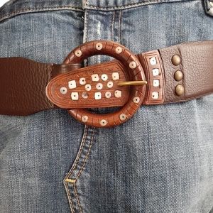 Chico's Boho Moroccan Wood Mother Of Pearl Adjustable Leather Belt S/M